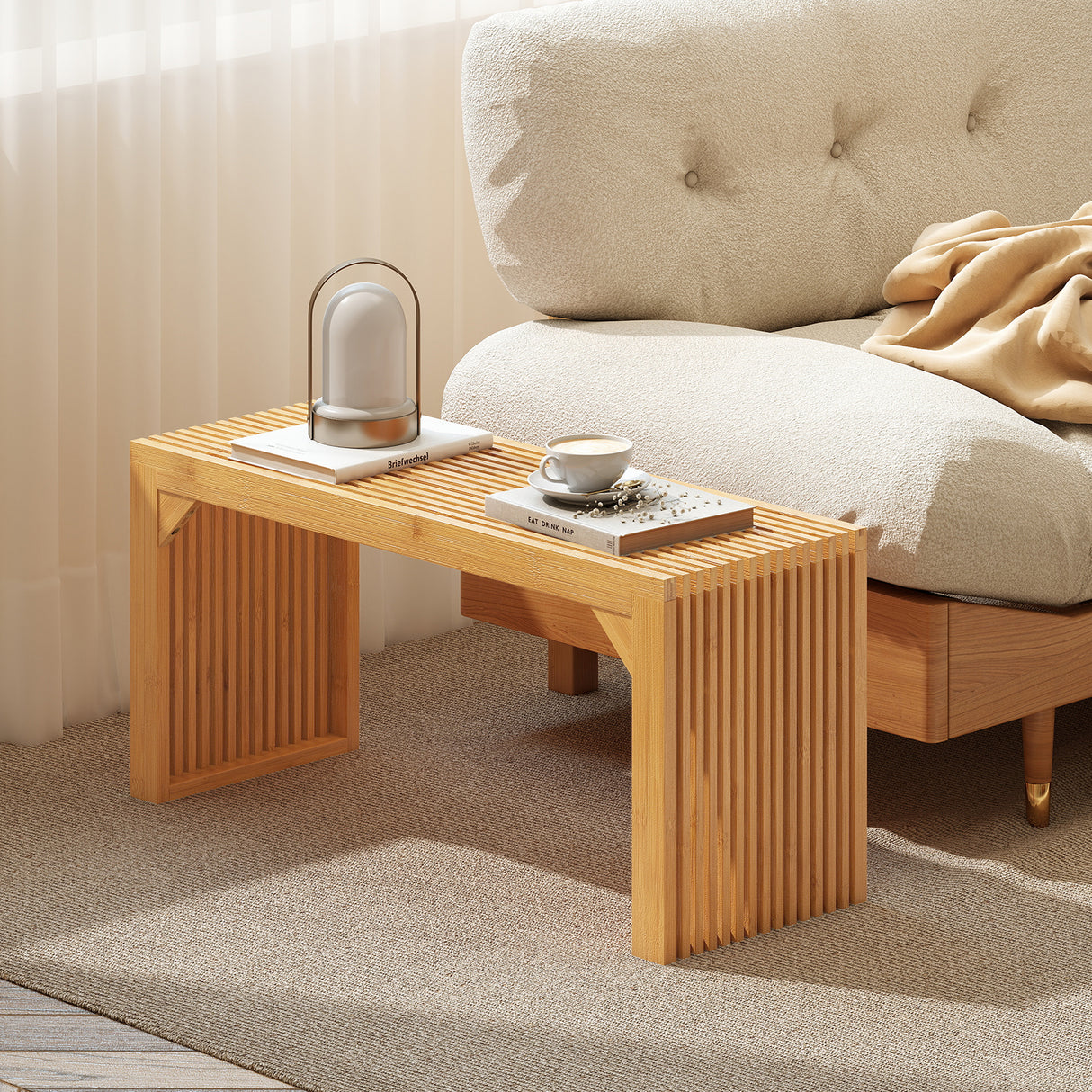 Bamboo Dining Bench Long Entryway Bench  Indoor Outdoor Solid Wood Bench-Natural