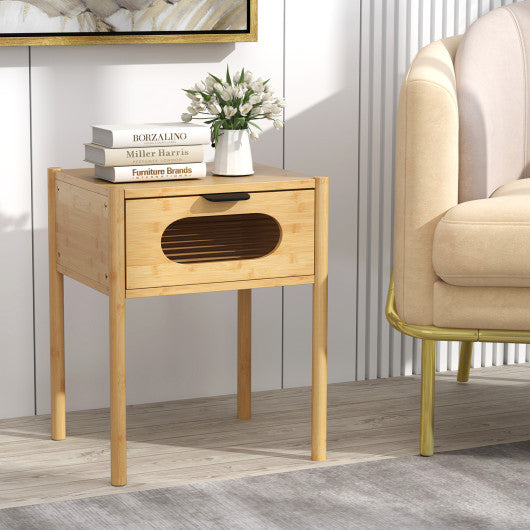Bamboo Nightstand Square Tall End Table with Decorated Drawer-Natural