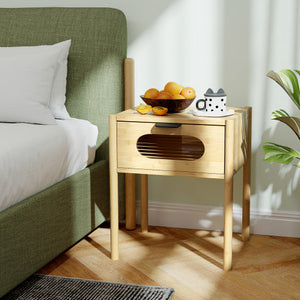 Bamboo Nightstand Square Tall End Table with Decorated Drawer-Natural