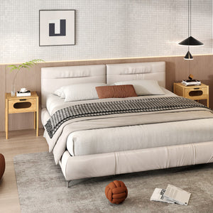 Bamboo Nightstand Square Tall End Table with Decorated Drawer-Natural