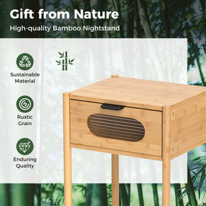 Bamboo Nightstand Square Tall End Table with Decorated Drawer-Natural