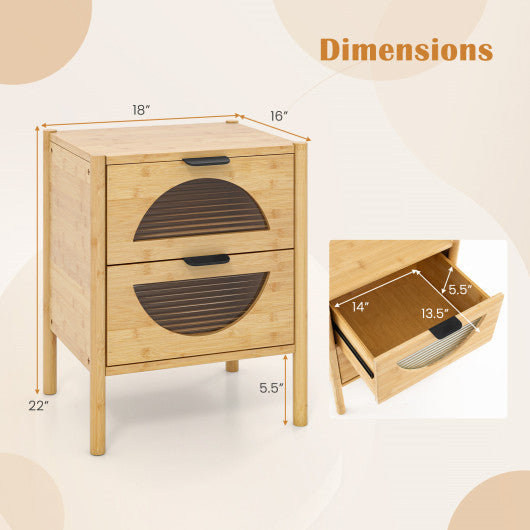 Bamboo Nightstand with 2 Storage Drawers and Reeded Tempered Glass Fronts-Natural