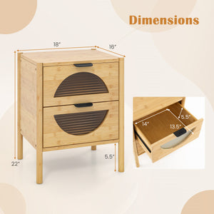 Bamboo Nightstand with 2 Storage Drawers and Reeded Tempered Glass Fronts-Natural