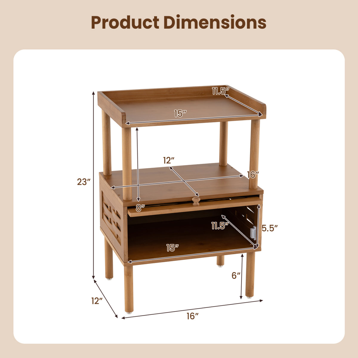 Bamboo Rattan Nightstand with Raised Edge Flip-Up Door and Open Shelf-Walnut