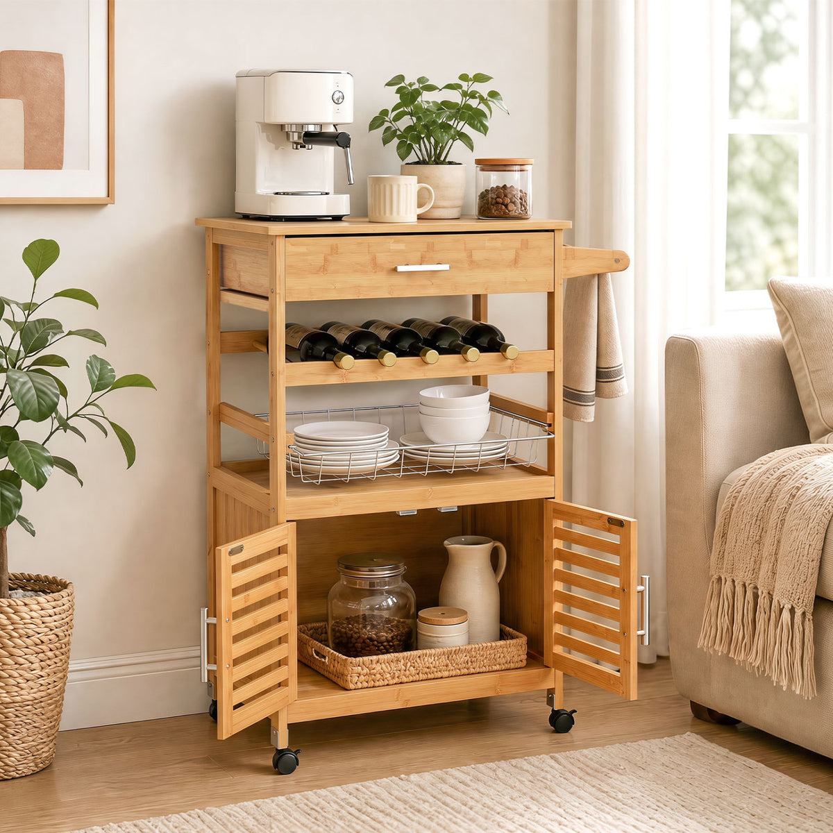Bamboo Rolling Kitchen Island Trolley with Storage Cabinet and Wine Rack-Natural