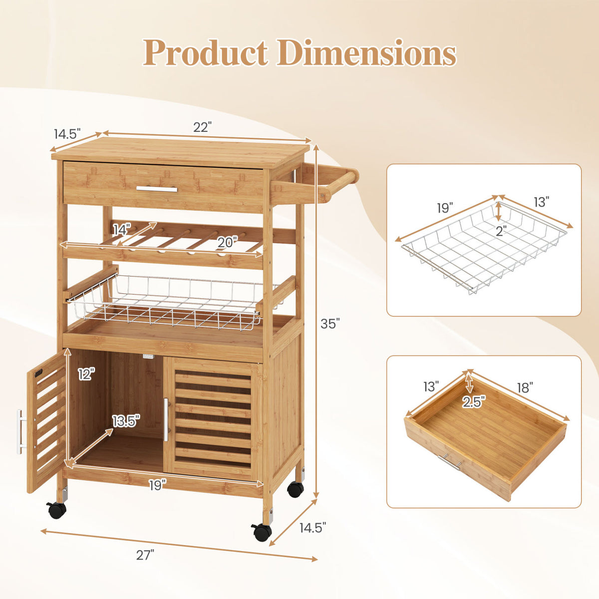 Bamboo Rolling Kitchen Island Trolley with Storage Cabinet and Wine Rack-Natural
