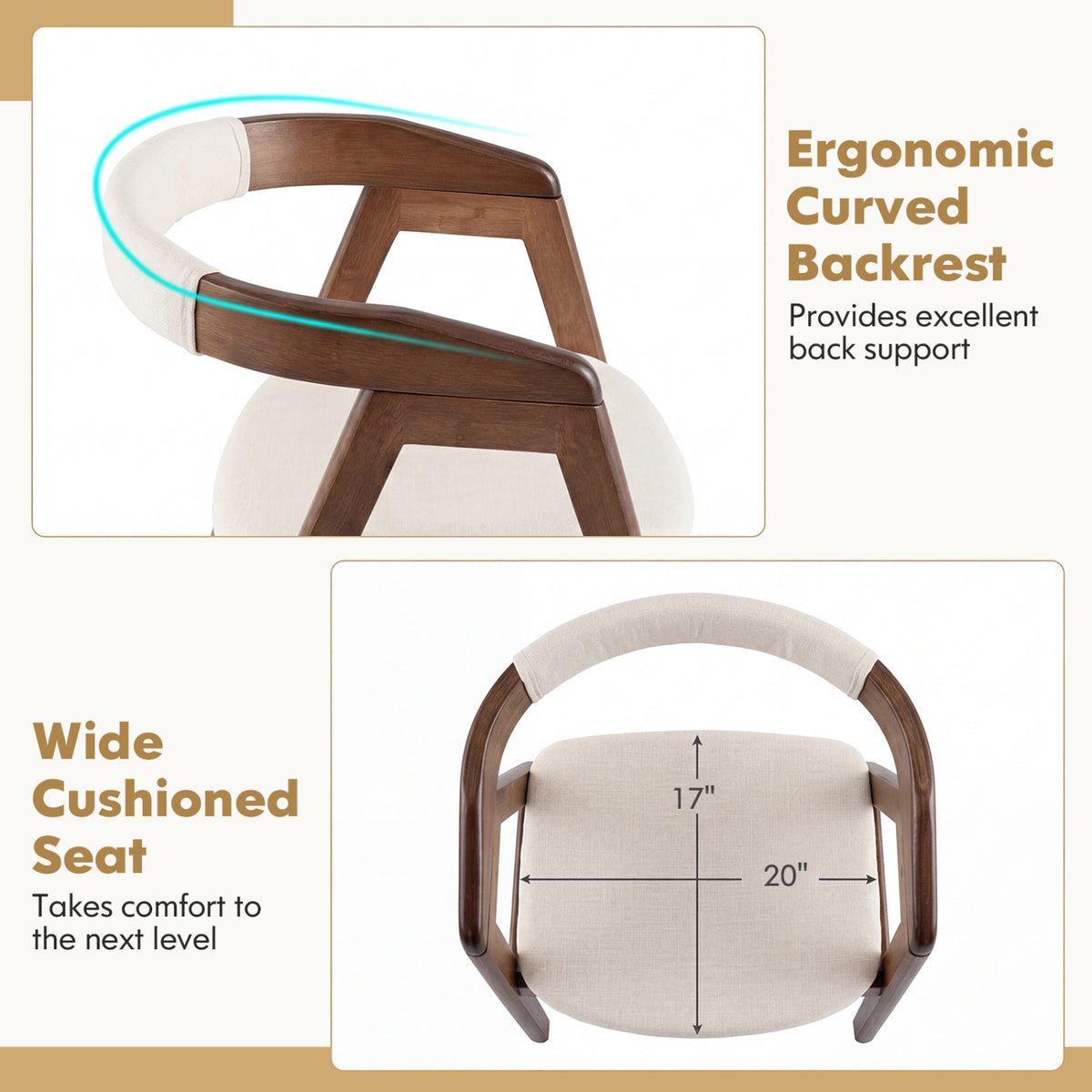 Bamboo Upholstered Dining Chair with Curved Back-Walnut
