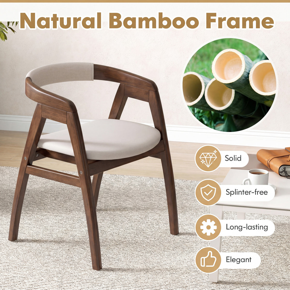 Bamboo Upholstered Dining Chair with Curved Back-Walnut