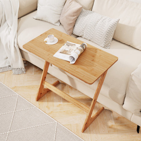 Bamboo Z-Shaped Spacious Sofa Side Table with Space-Saving Tabletop-Natural