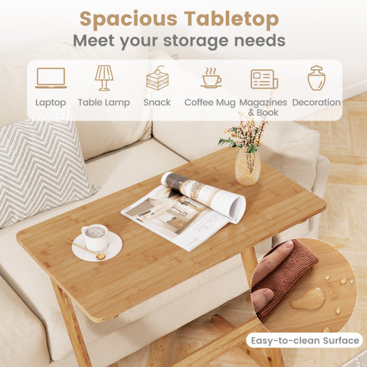 Bamboo Z-Shaped Spacious Sofa Side Table with Space-Saving Tabletop-Natural