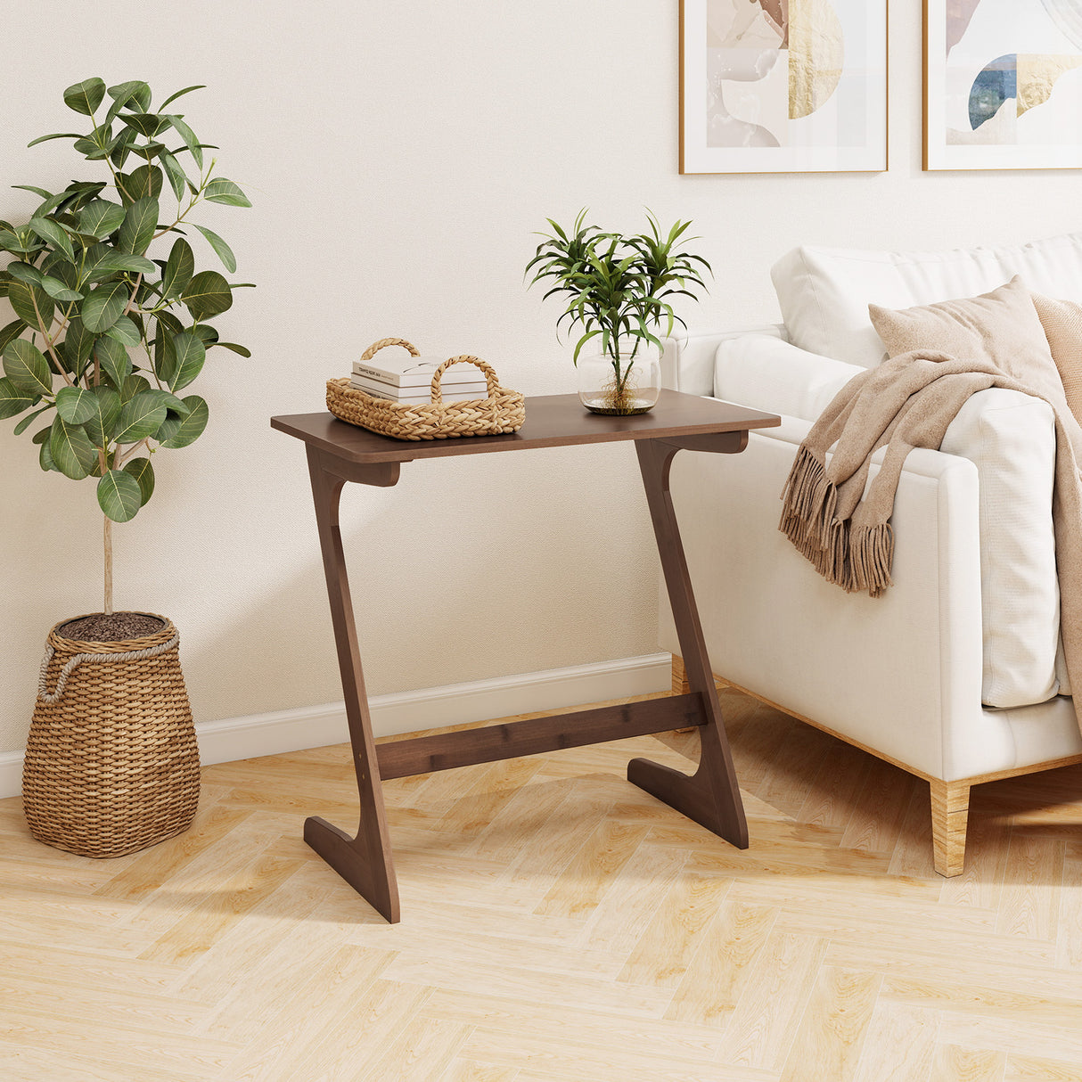 Bamboo Z-Shaped Spacious Sofa Side Table with Space-Saving Tabletop-Brown