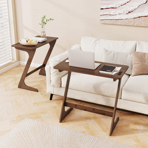 Bamboo Z-Shaped Spacious Sofa Side Table with Space-Saving Tabletop-Brown