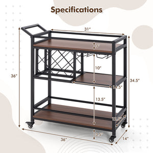 3-tier Bar Cart on Wheels Home Kitchen Serving Cart with Wine Rack and Glasses Holder-Brown