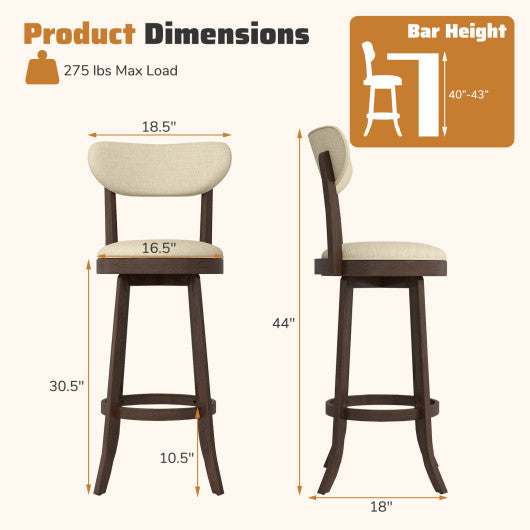 30.5 Inch Bar Height Chairs Set of 2 Swivel High Barstool with Padded Seat and Backrest-Brown