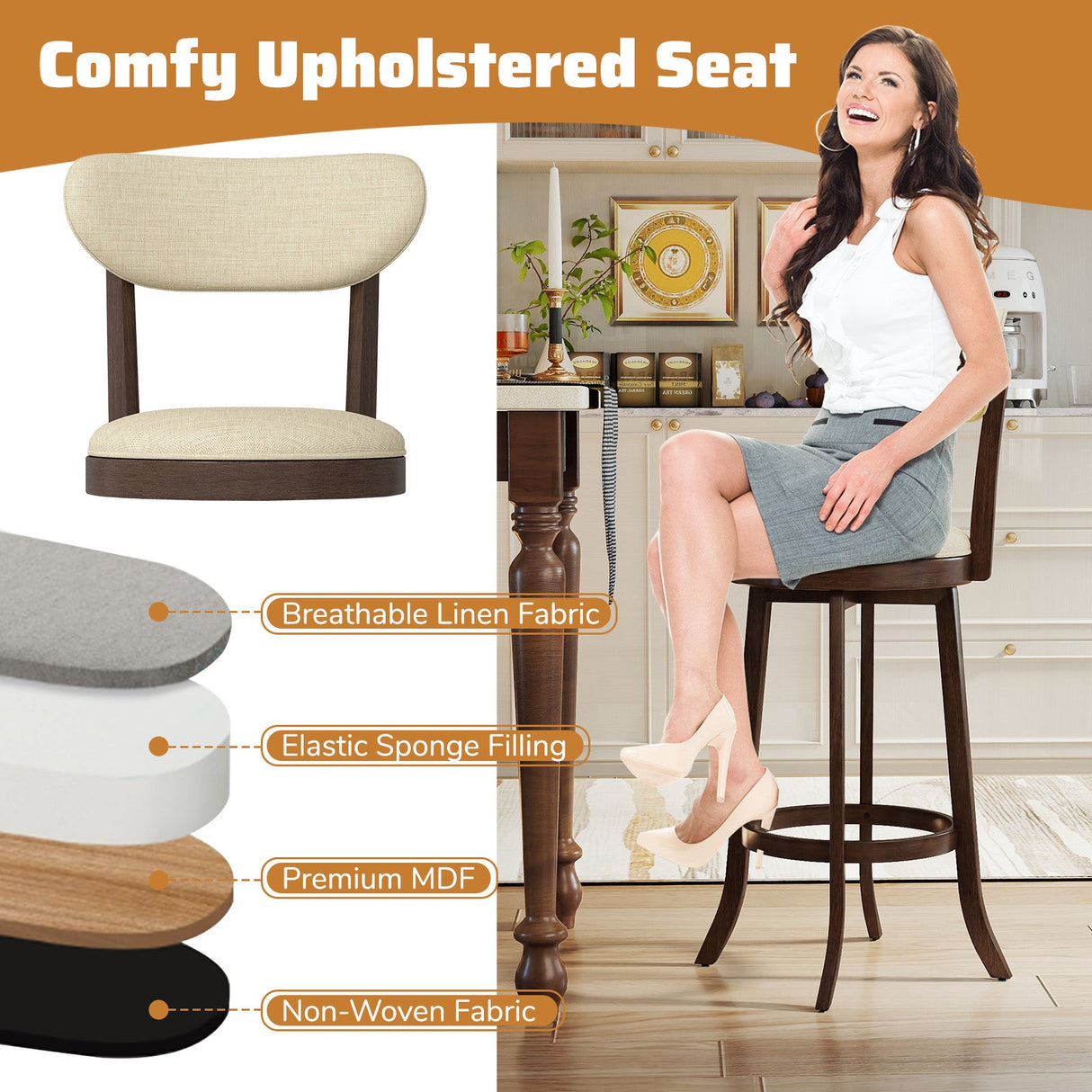 30.5 Inch Bar Height Chairs Set of 2 Swivel High Barstool with Padded Seat and Backrest-Brown