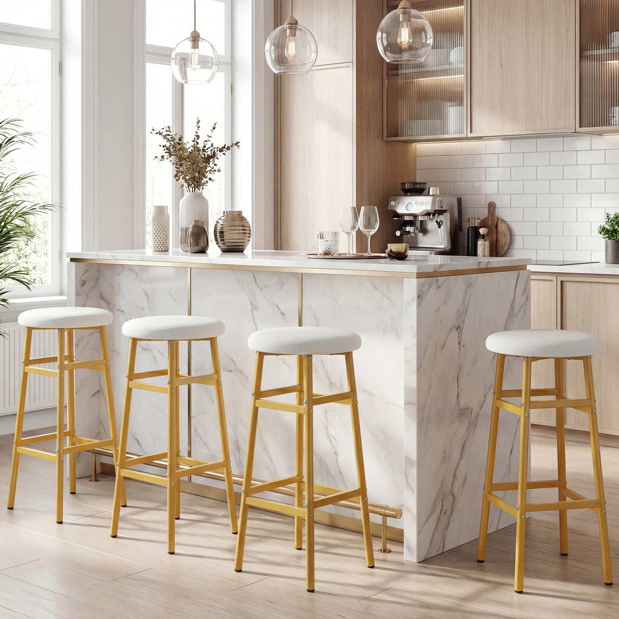 Bar Stools Set of 2 with Sturdy Metal Frame and Footrest-White