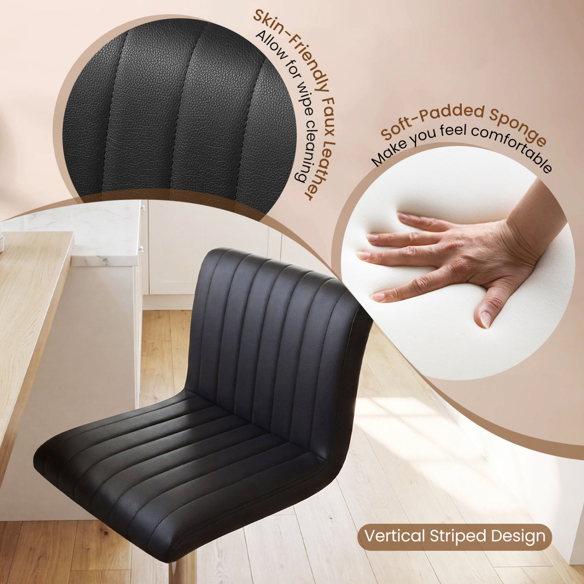 Bar Stools Set of 2 Adjustable Swivel Barstools with Back and Footrest-Black
