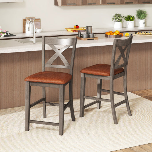 Bar Stools Set of 2 with Cross Back and Faux Leather Upholstered Seat-Gray