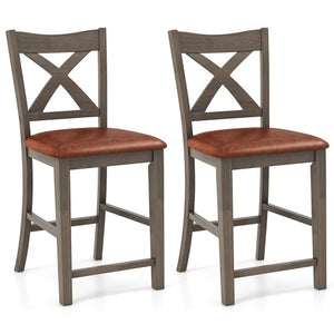 Bar Stools Set of 2 with Cross Back and Faux Leather Upholstered Seat-Gray