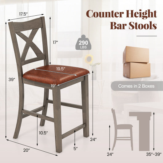 Bar Stools Set of 2 with Cross Back and Faux Leather Upholstered Seat-Gray