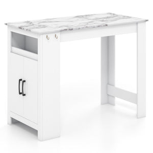 Bar Table Faux Marble Pub Table with 7 Hanging Hooks Compartment-White