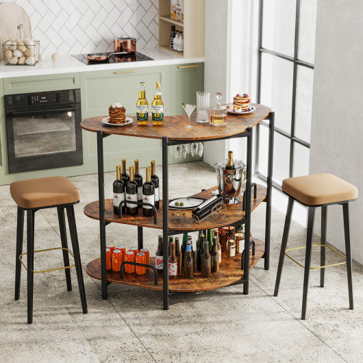 3-Tier Liquor Bar Table with Stemware Racks and Storage Shelves-Rustic Brown