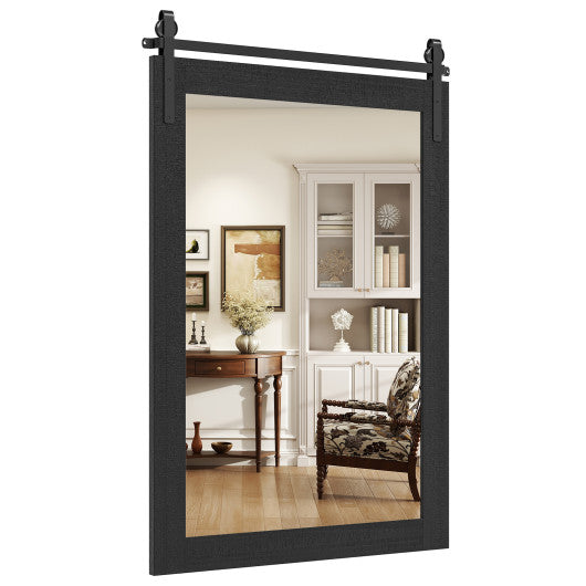 Rustic Wood Frame Barn Door Style Farmhouse Wall Mirror-Black