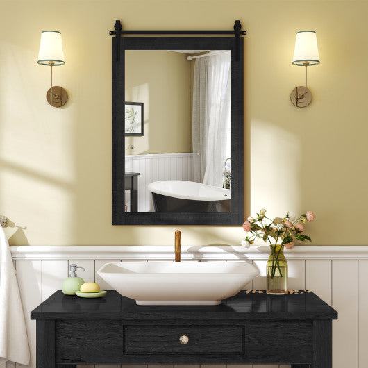 Rustic Wood Frame Barn Door Style Farmhouse Wall Mirror-Black
