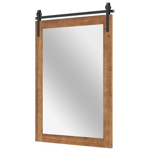 Rustic Wood Frame Barn Door Style Farmhouse Wall Mirror-Brown