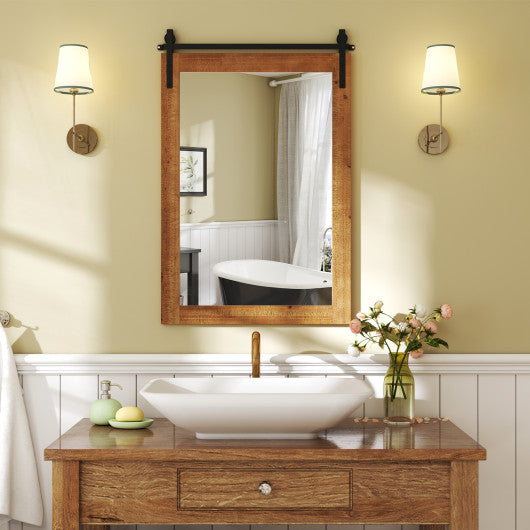 Rustic Wood Frame Barn Door Style Farmhouse Wall Mirror-Brown