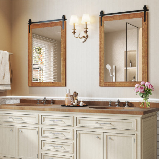 Rustic Wood Frame Barn Door Style Farmhouse Wall Mirror-Brown