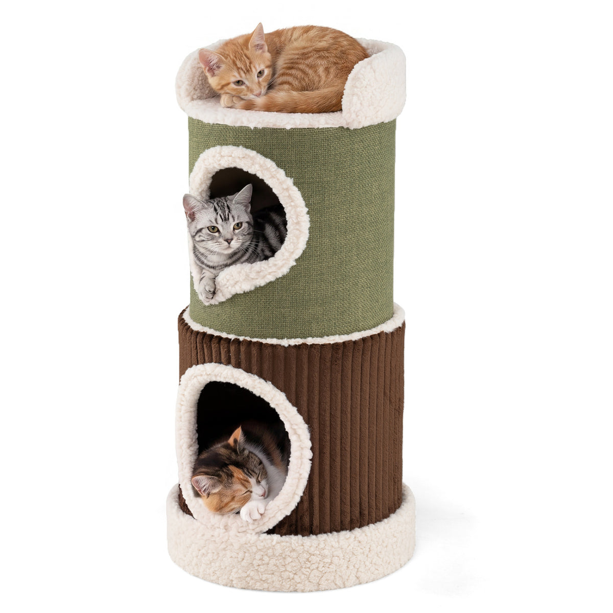 Barrel Cat House with Top Perch & Double Condos and Stable Base Modern-Green