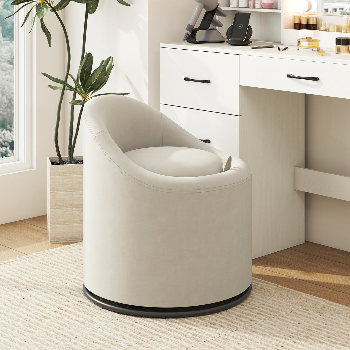 Barrel Chair with Storage 360 ° Swivel Upholstered Vanity Chair-Beige