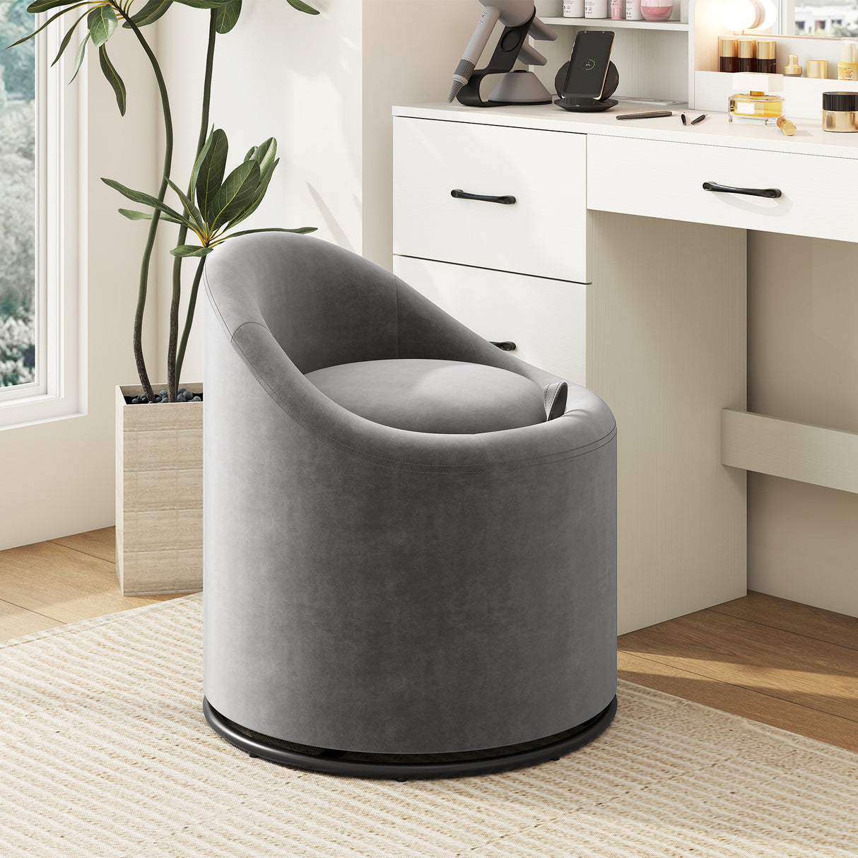 Barrel Chair with Storage 360 ° Swivel Upholstered Vanity Chair-Gray