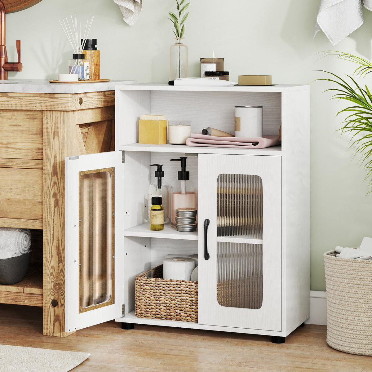 Bathroom Cabinet Freestanding Cabinet with 2 Doors and 3-Level Adjustable Shelf-White