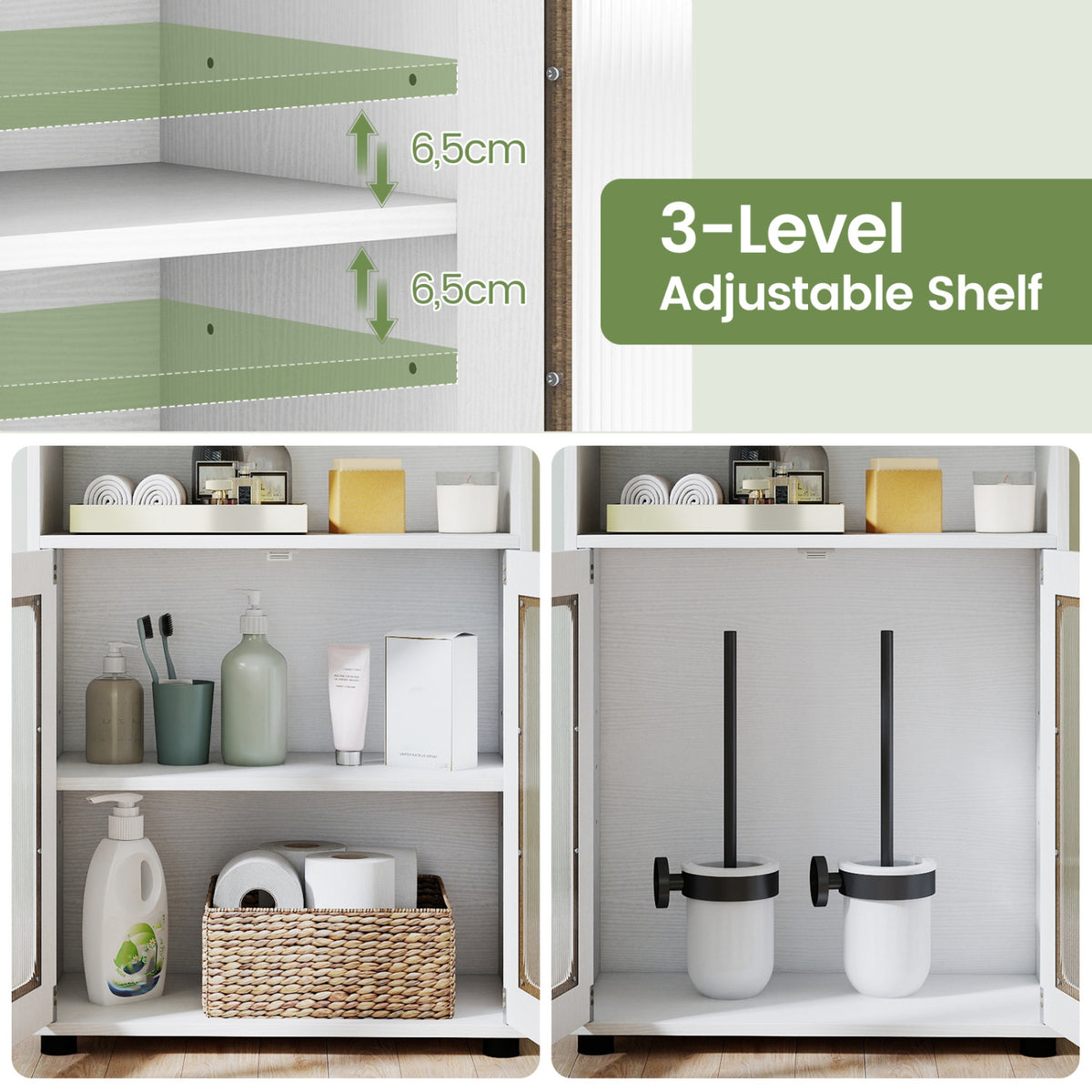 Bathroom Cabinet Freestanding Cabinet with 2 Doors and 3-Level Adjustable Shelf-White
