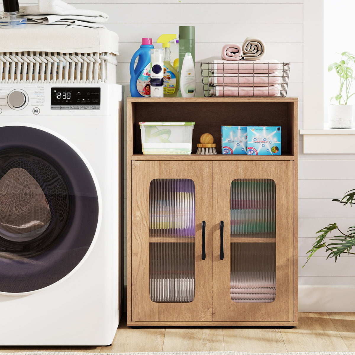 Bathroom Cabinet Freestanding Cabinet with 2 Doors and 3-Level Adjustable Shelf-Natural