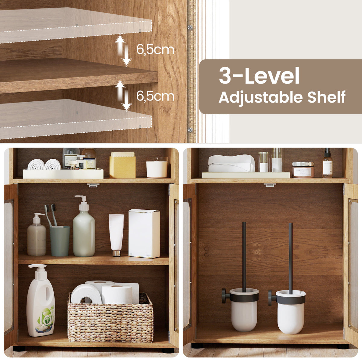 Bathroom Cabinet Freestanding Cabinet with 2 Doors and 3-Level Adjustable Shelf-Natural