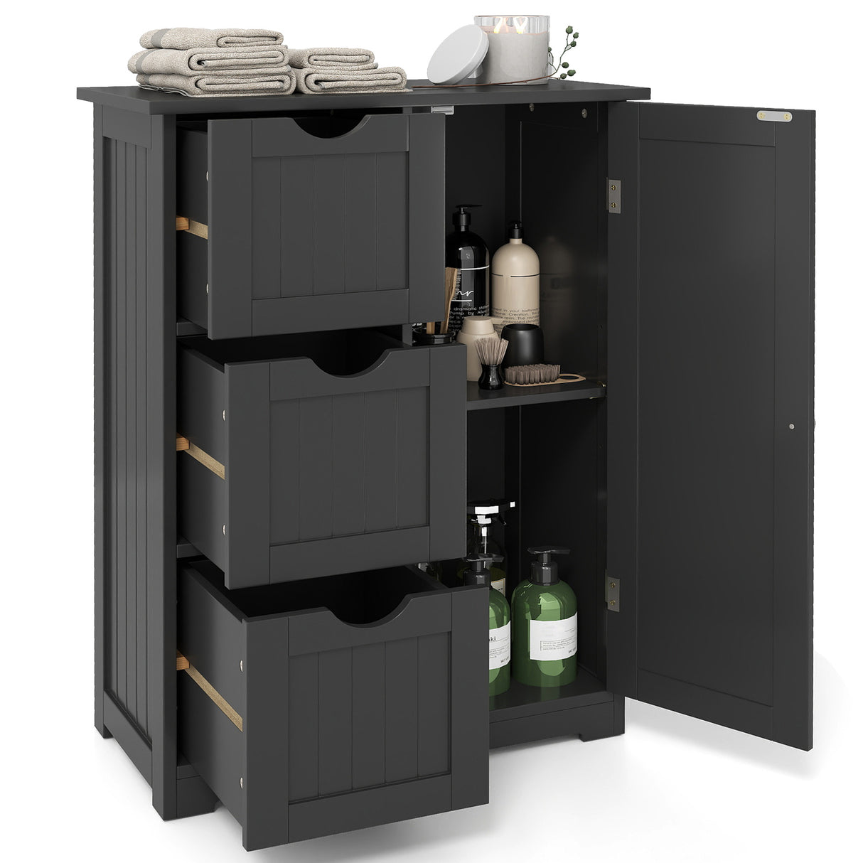 Bathroom Floor Cabinet Side Storage Cabinet with 3 Drawers and 1 Cupboard-Black