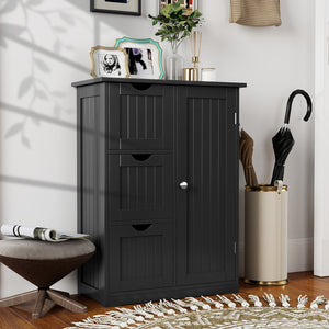 Bathroom Floor Cabinet Side Storage Cabinet with 3 Drawers and 1 Cupboard-Black