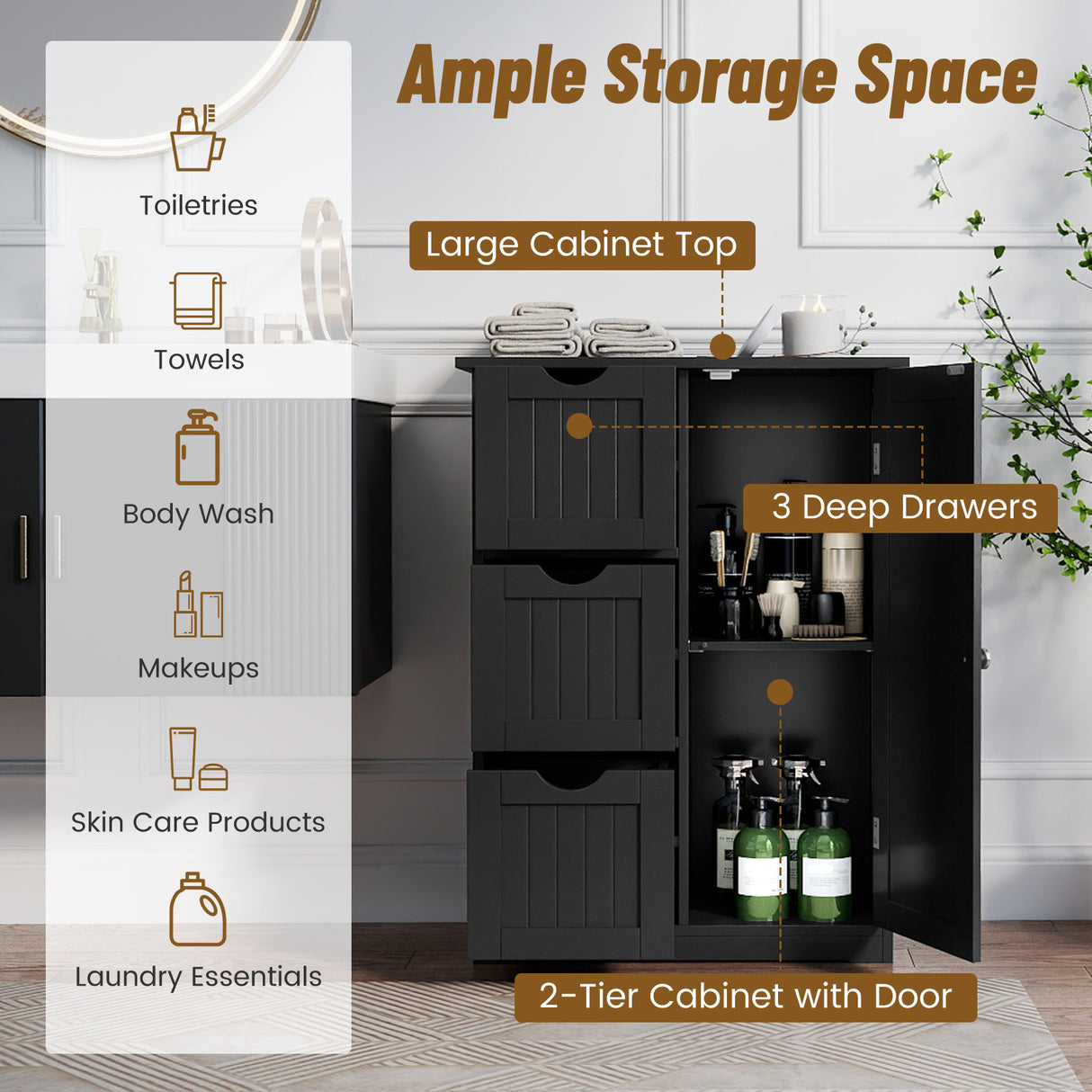 Bathroom Floor Cabinet Side Storage Cabinet with 3 Drawers and 1 Cupboard-Black