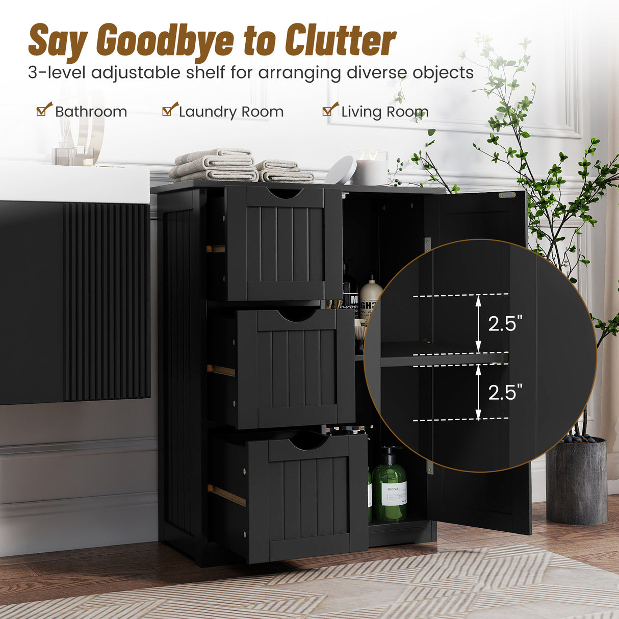 Bathroom Floor Cabinet Side Storage Cabinet with 3 Drawers and 1 Cupboard-Black