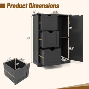 Bathroom Floor Cabinet Side Storage Cabinet with 3 Drawers and 1 Cupboard-Black