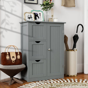 Bathroom Floor Cabinet Side Storage Cabinet with 3 Drawers and 1 Cupboard-Gray