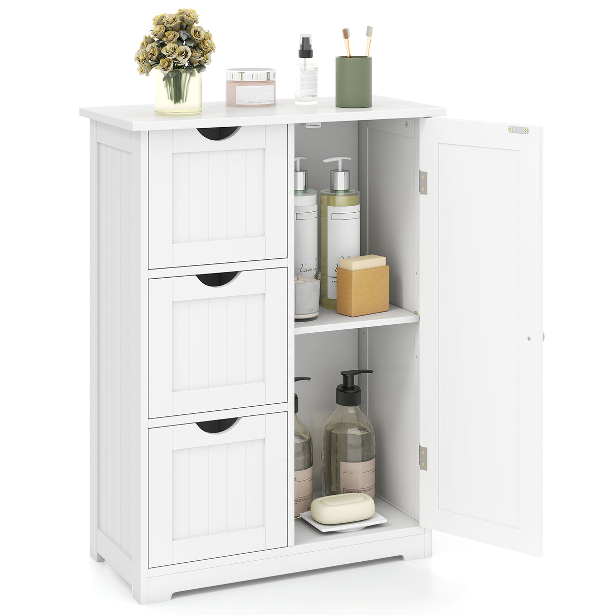 Bathroom Floor Cabinet Side Storage Cabinet with 3 Drawers and 1 Cupboard-Black