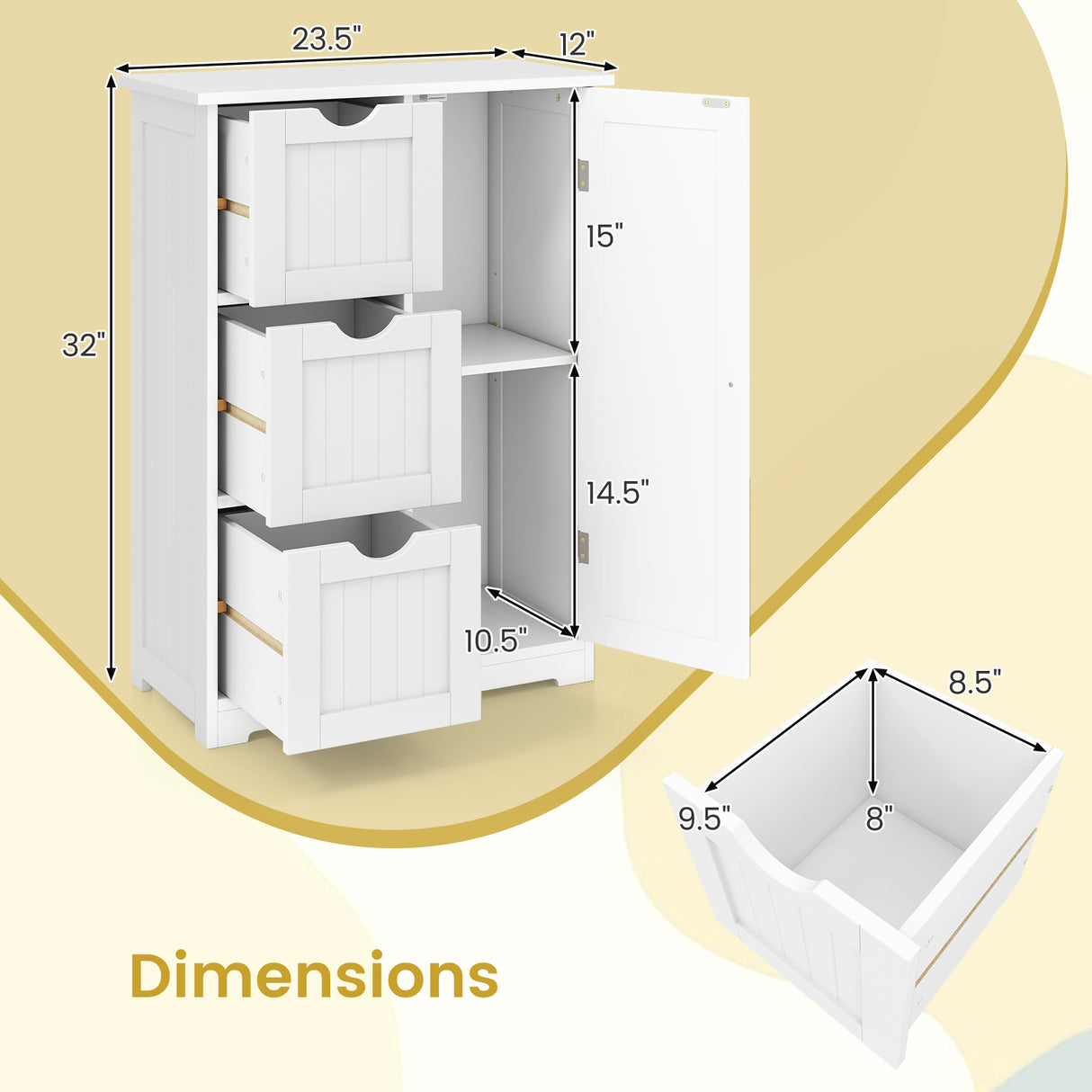 Bathroom Floor Cabinet Side Storage Cabinet with 3 Drawers and 1 Cupboard-White