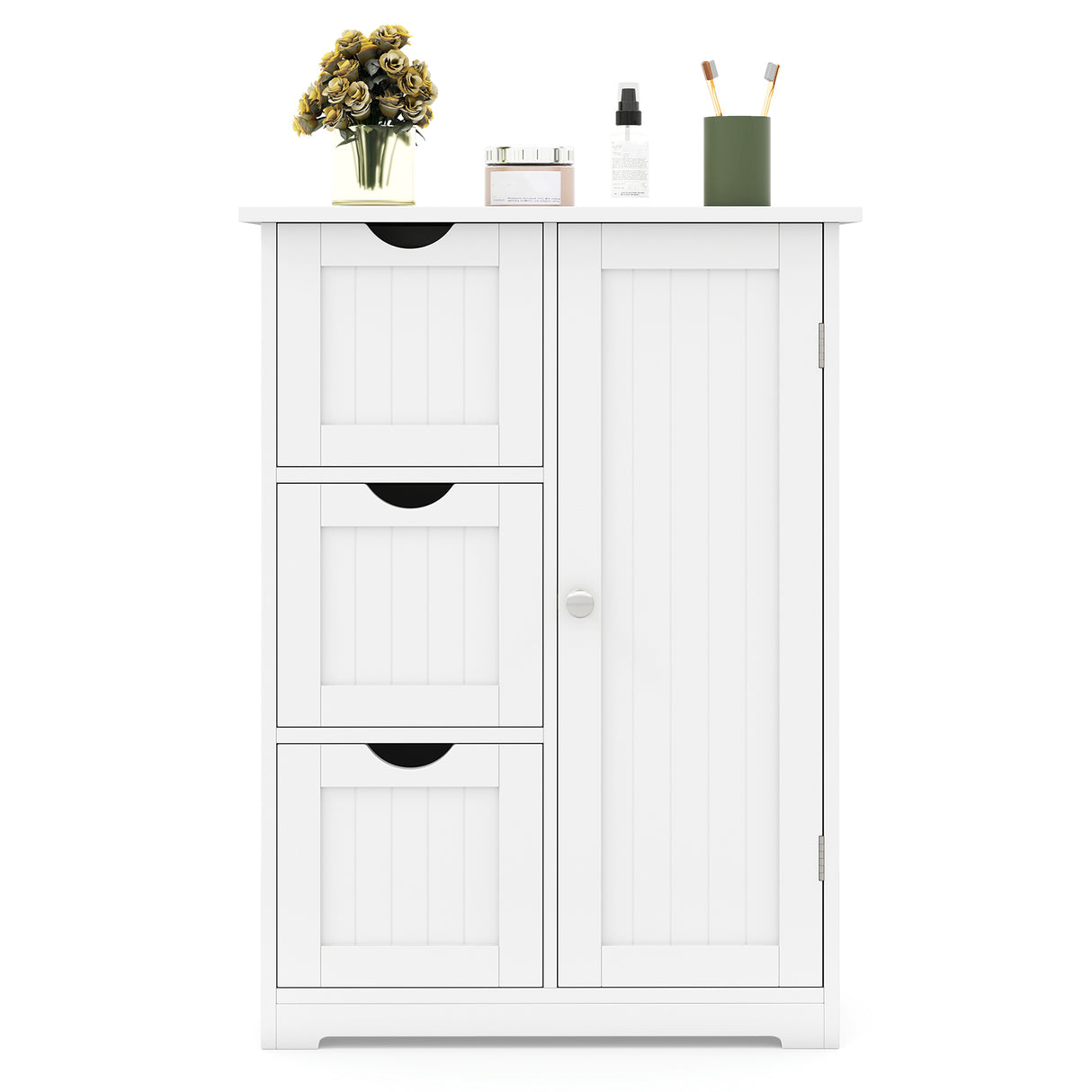 Bathroom Floor Cabinet Side Storage Cabinet with 3 Drawers and 1 Cupboard-Black