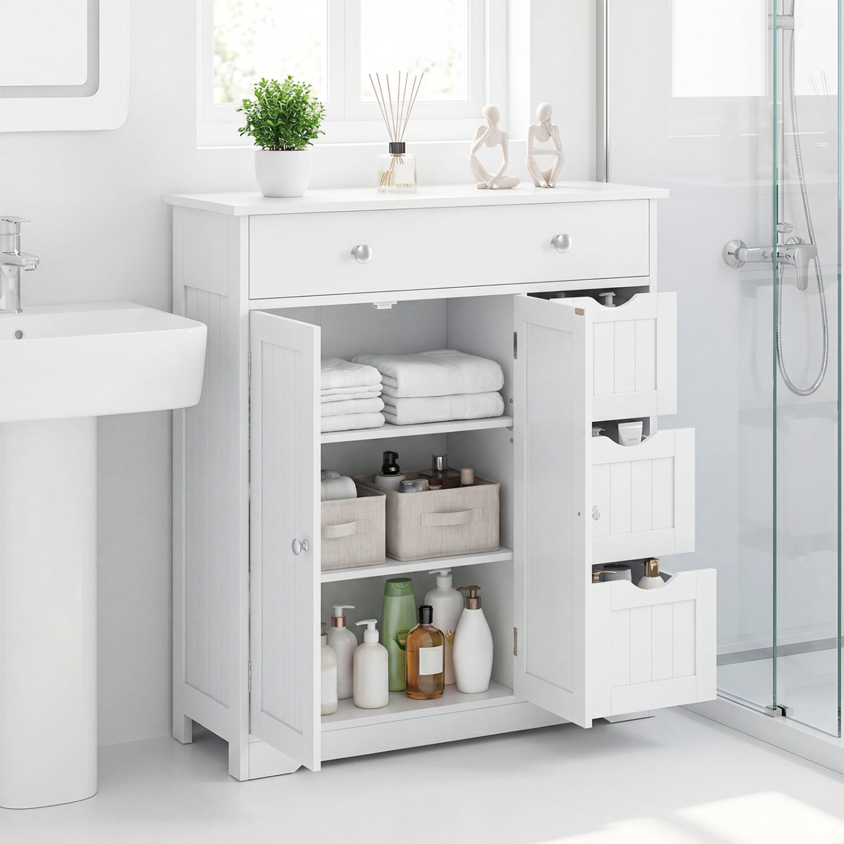 Bathroom Floor Cabinet with 4 Drawers with 2 Doors and Adjustable Shelf-White