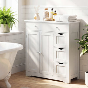 Bathroom Floor Cabinet with 4 Drawers with 2 Doors and Adjustable Shelf-White