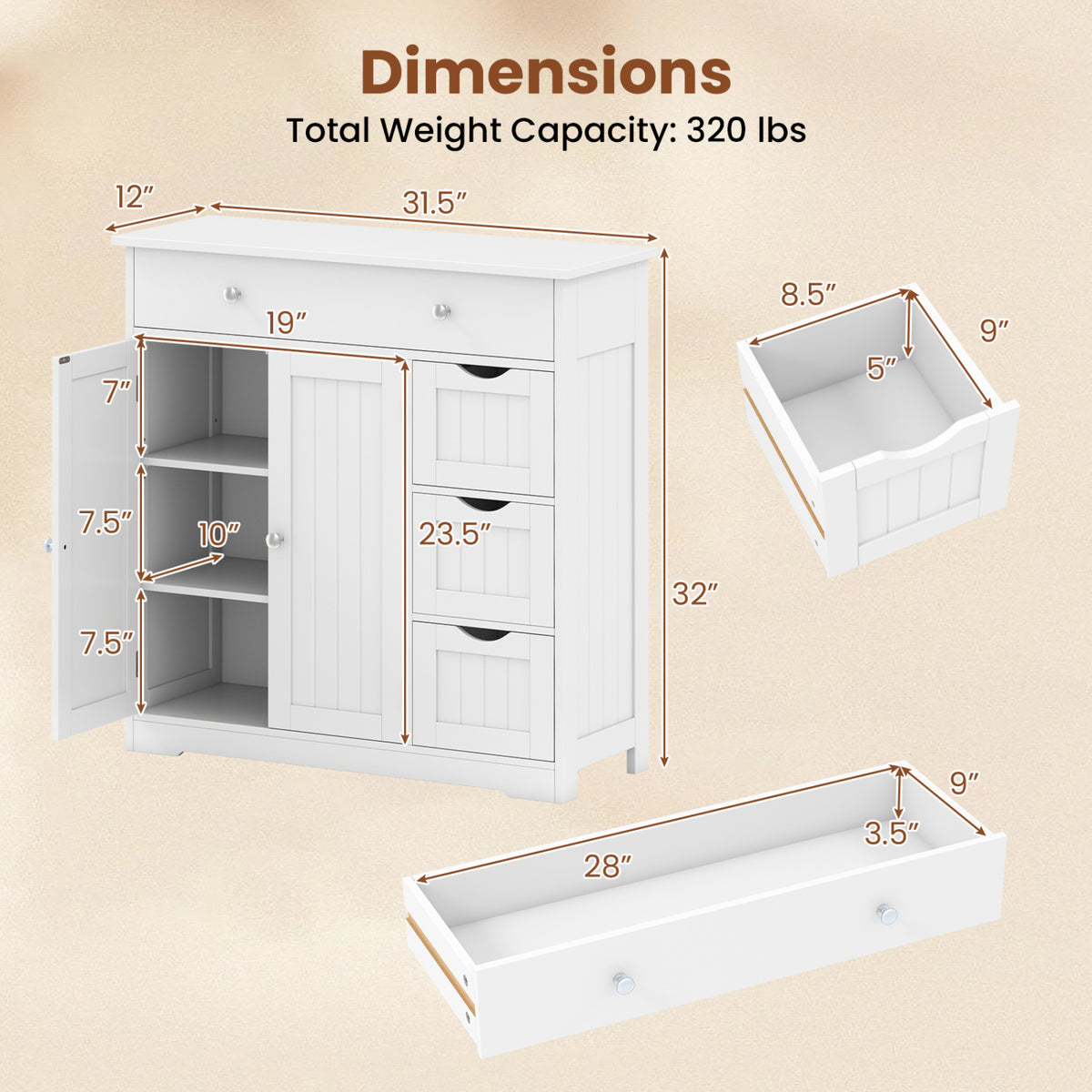 Bathroom Floor Cabinet with 4 Drawers with 2 Doors and Adjustable Shelf-White